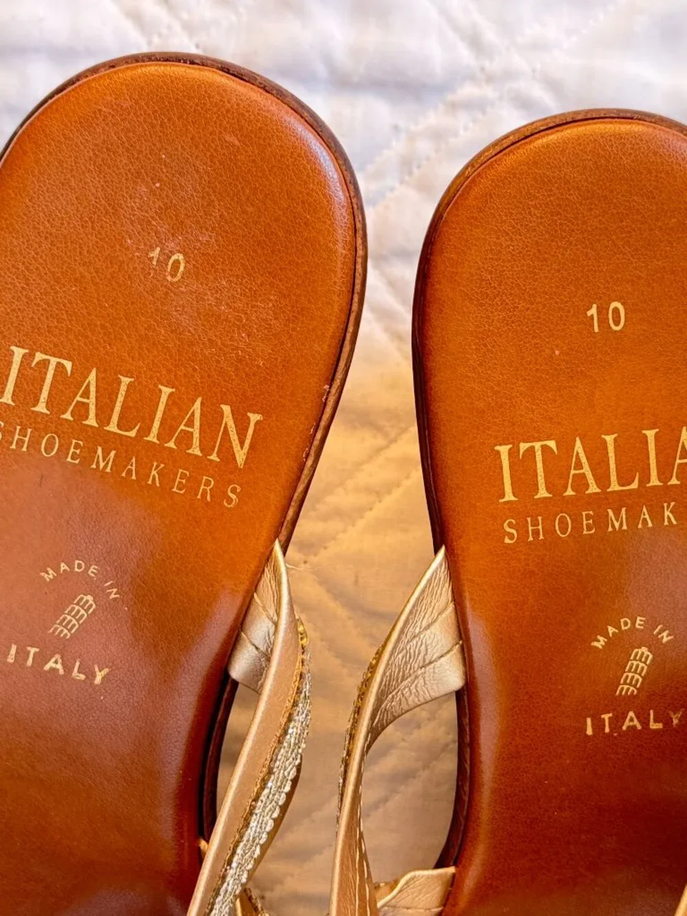 Italian Shoemakers Wedge Sandals have Gold Embellished Strap Design Thong 10